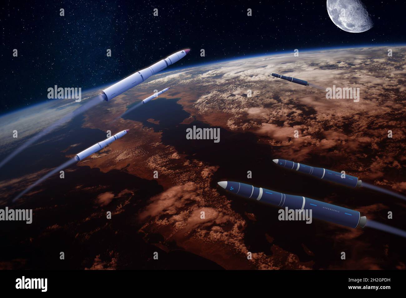 Missili o razzi iperionici sulla Terra apocalittica. Luna Blu nel cielo. Elementi di questa immagine forniti dalla NASA Foto Stock