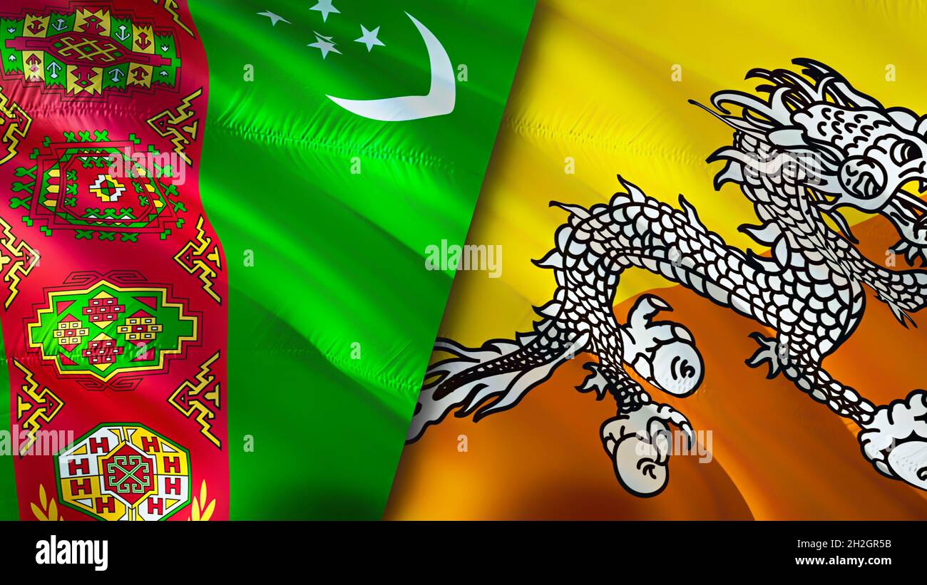 Bandiere del Turkmenistan e del Bhutan. Progettazione di bandiere ondulate 3D. Turkmenistan bandiera bhutan, foto, carta da parati. Turkmenistan vs immagine Bhutan,rendering 3D. Turkmen Foto Stock