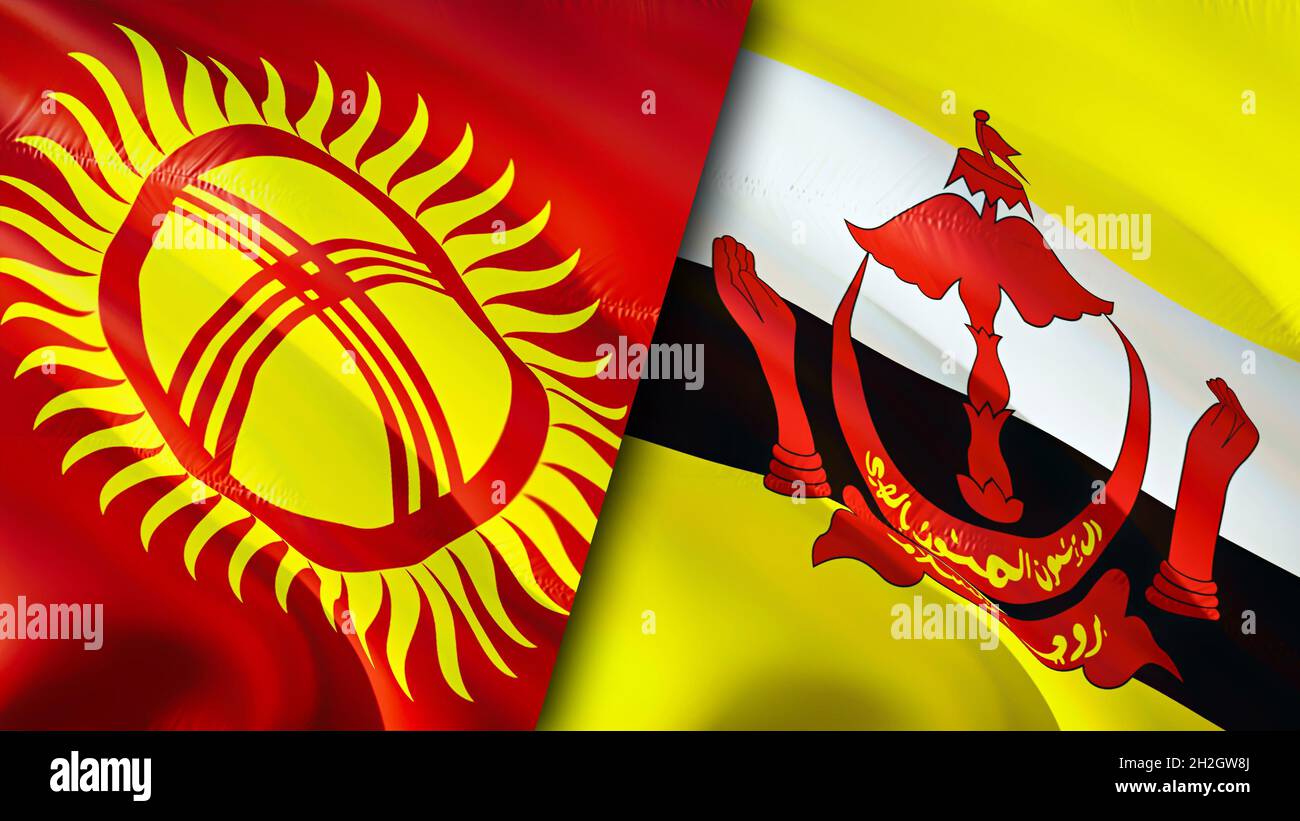 Bandiere Kirghizistan e Brunei. Progettazione di bandiere ondulate 3D. Kirghizistan bandiera Brunei, foto, carta da parati. Kirghizistan vs immagine Brunei,rendering 3D. Kirghizistan Fr Foto Stock