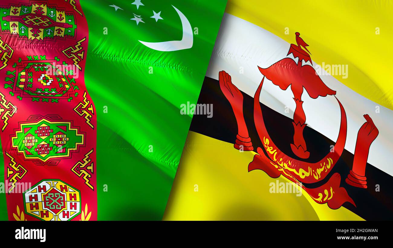 Bandiere Turkmenistan e Brunei. Progettazione di bandiere ondulate 3D. Turkmenistan bandiera Brunei, foto, carta da parati. Turkmenistan vs immagine Brunei,rendering 3D. Turkmen Foto Stock