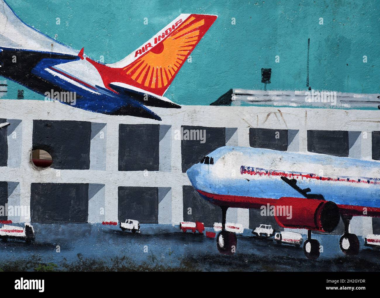 Mumbai, India. 21 ottobre 2021. Un graffiti di aereo Air India è visto sul muro a Mumbai.Air India è stato acquistato da Tata Sons dopo che ha vinto un'offerta superiore al prezzo di riserva fissato dal governo. Credit: SOPA Images Limited/Alamy Live News Foto Stock