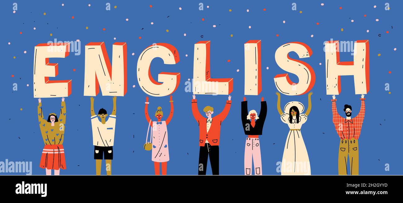 Persone diverse che tengono lettere parola inglese. Imparare la lingua straniera. Illustrazione Vettoriale