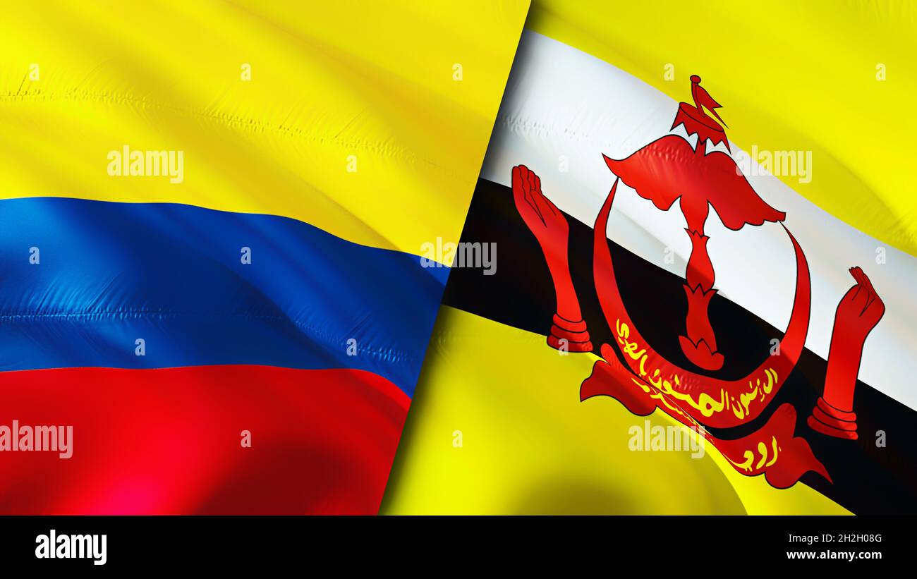 Bandiere Colombia e Brunei. Progettazione di bandiere ondulate 3D. Colombia bandiera Brunei, foto, carta da parati. Immagine Colombia vs Brunei,rendering 3D. Colombia Brunei rel Foto Stock