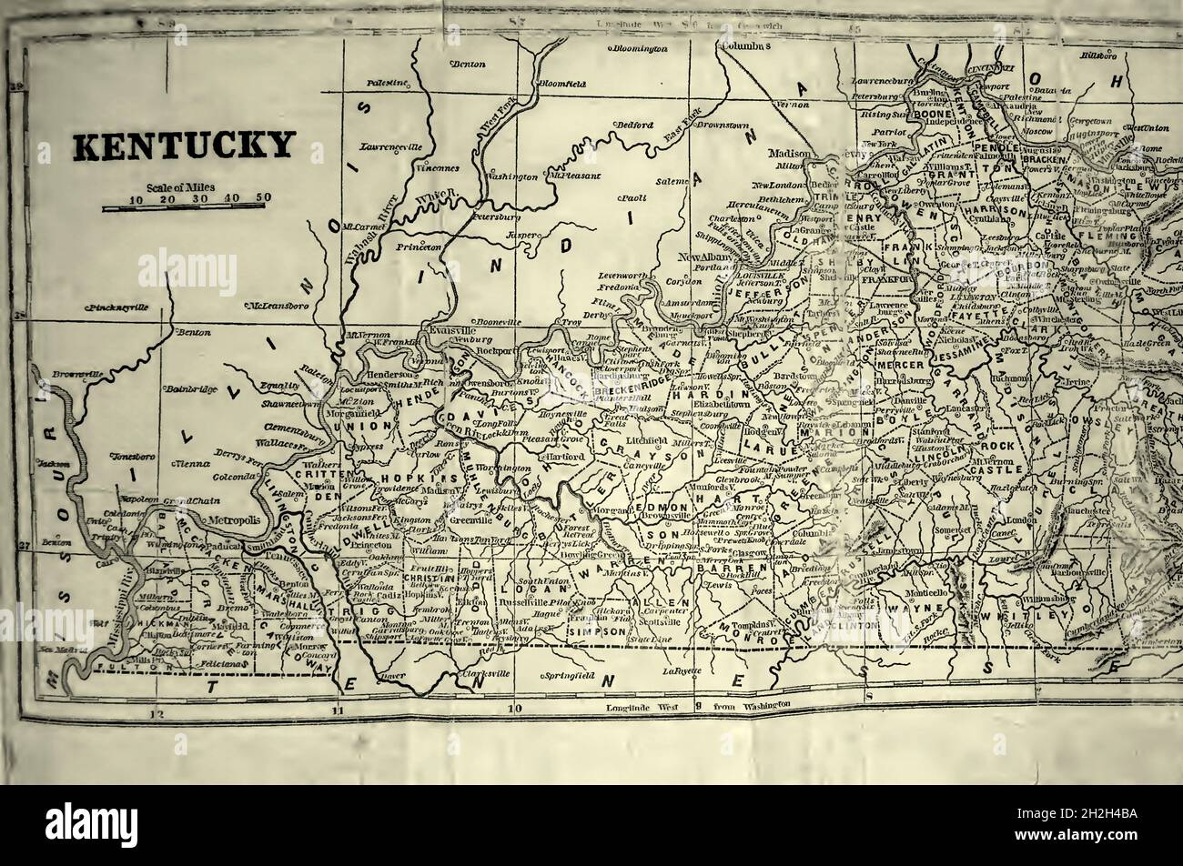 Mappa del Kentucky 1847 dal libro ' Historical Sketches of Kentucky (1847) ' LA SUA STORIA, ANTICHITÀ, E CURIOSITÀ NATURALI, GEOGRAFICA, STATISTICA, E DESCRIZIONI GEOLOGICHE. CON ANEDDOTI DI PIONEER LIFE di Lewis Collins. Pubblicato da Lewis Collins, Maysville, KY. E J. A. & U. P. James Cincinnati. Nel 1847 Foto Stock