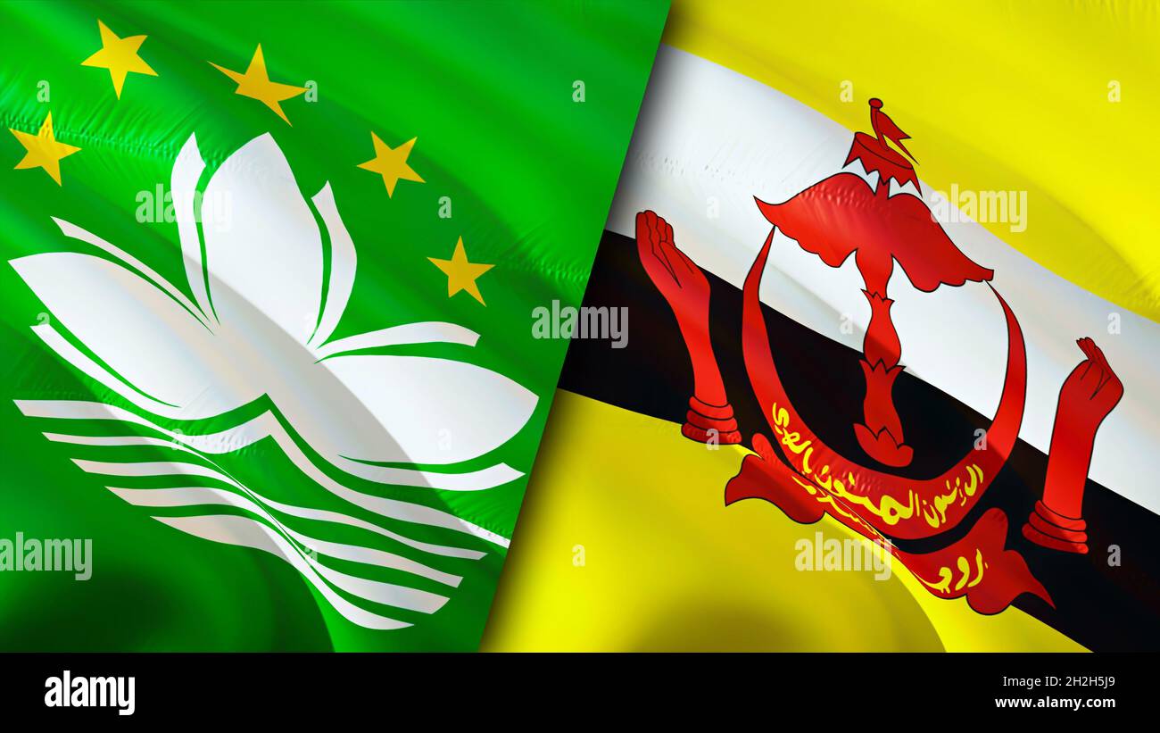 Bandiere Macao e Brunei. Progettazione di bandiere ondulate 3D. Bandiera del Brunei di Macao, foto, carta da parati. Immagine Macao vs Brunei, rendering 3D. Macau Brunei relazioni allia Foto Stock