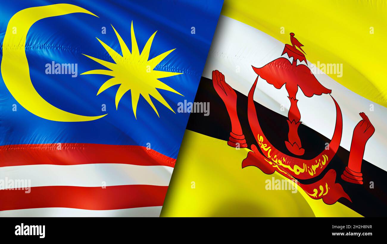 Bandiere della Malesia e del Brunei. Progettazione di bandiere ondulate 3D. Bandiera del Brunei della Malesia, immagine, carta da parati. Immagine Malesia vs Brunei, rendering 3D. Malaysia Brunei rel Foto Stock