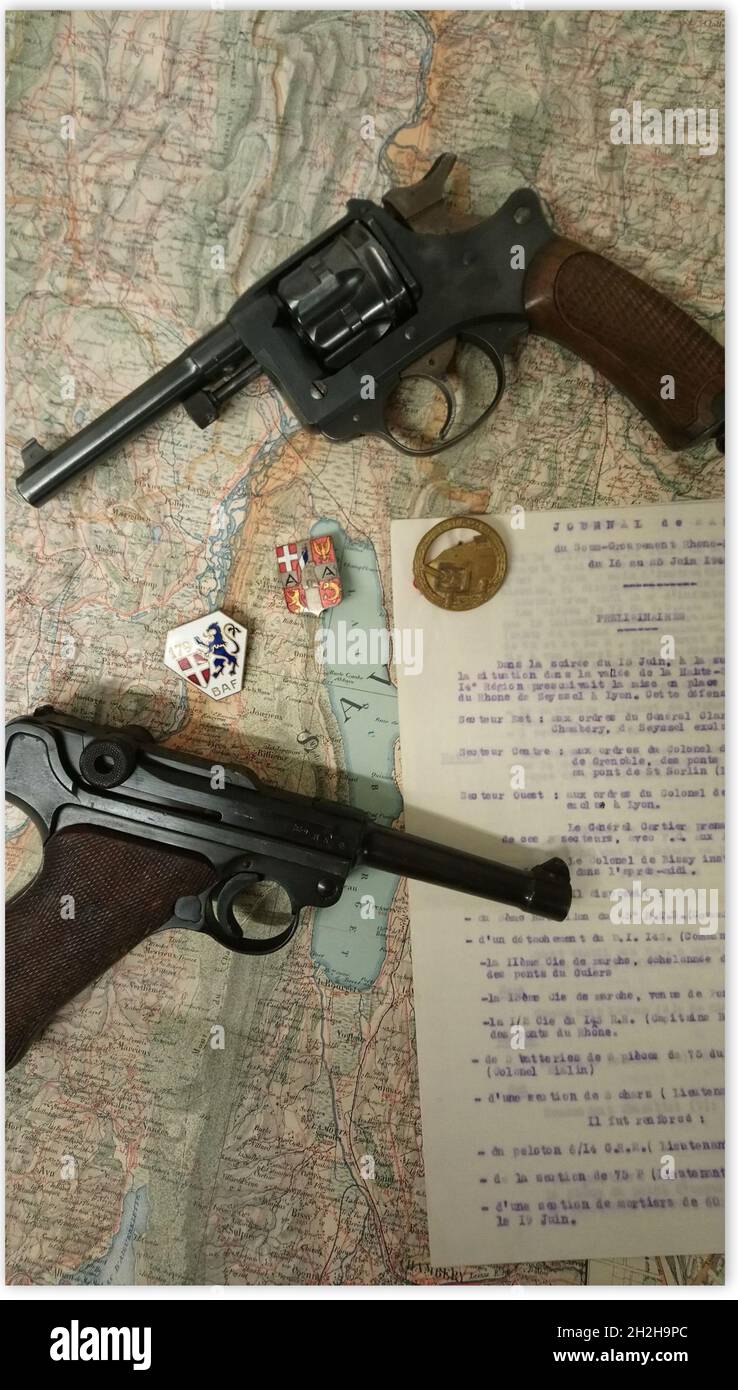 campagne de France pistolet P08, revolver modèle 1892, troupes de forteresse, 179e BAF Foto Stock