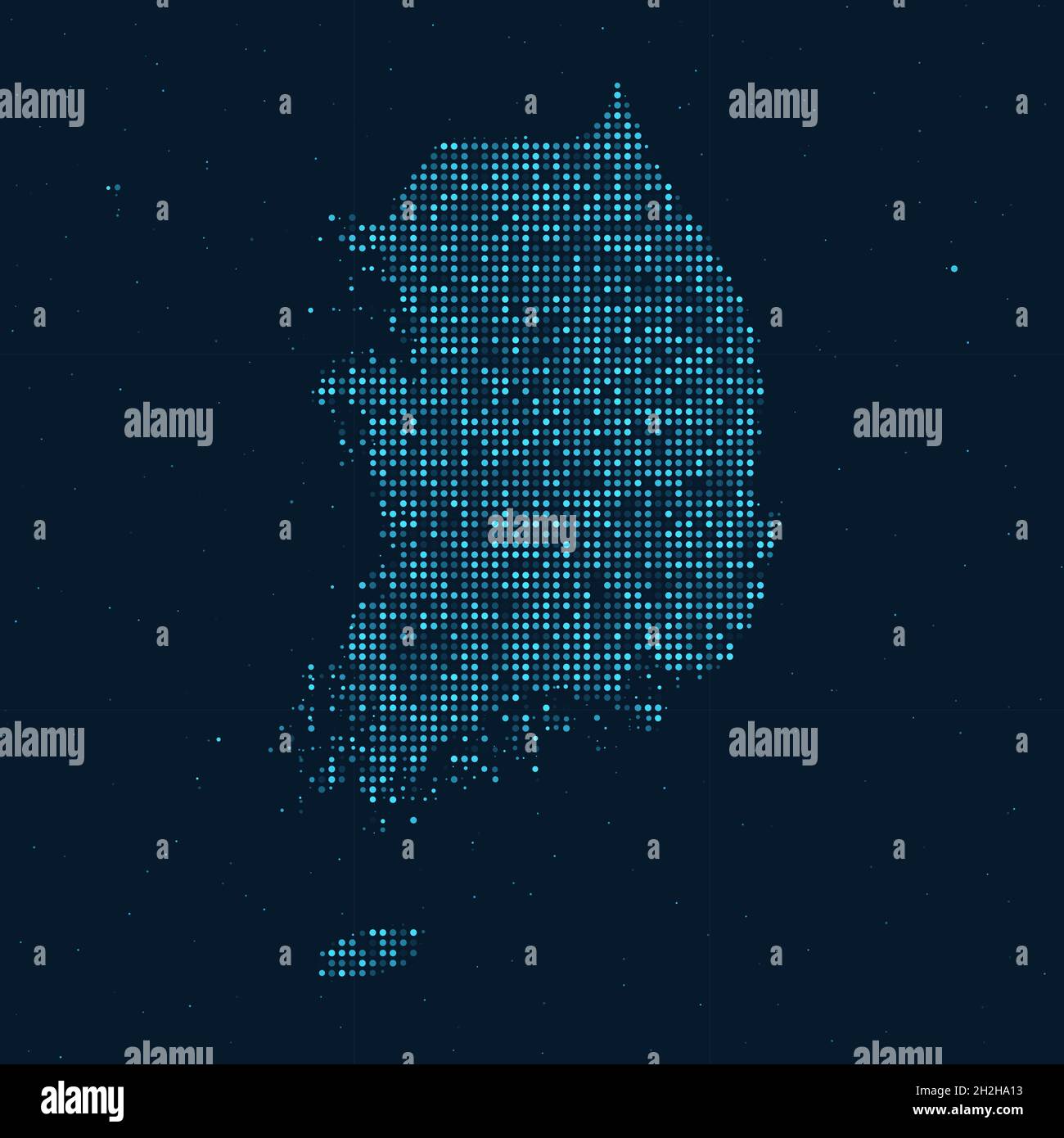 Mezzitoni astratti punteggiati con effetto stellato su sfondo blu scuro con mappa della Corea del Sud. Tecnologia digitale punteggiata sfera di design e struttura. ve Illustrazione Vettoriale