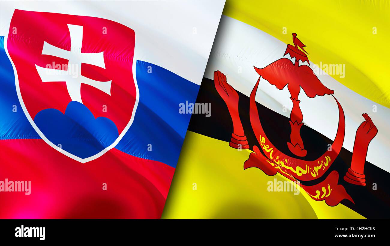 Bandiere della Slovacchia e del Brunei. Progettazione di bandiere ondulate 3D. Slovacchia Brunei bandiera, foto, sfondo. Immagine Slovacchia vs Brunei,rendering 3D. Slovacchia Brunei rel Foto Stock