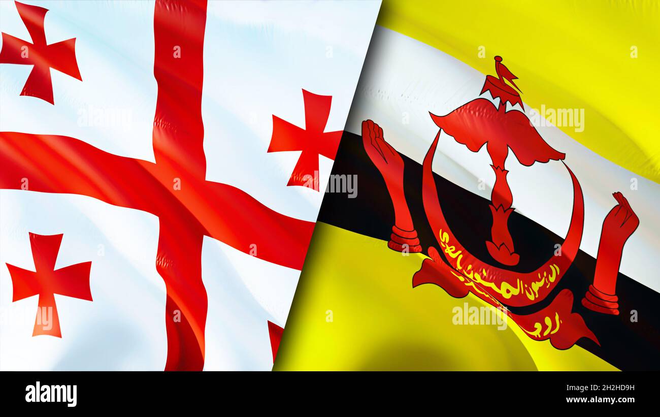 Bandiere della Georgia e del Brunei. Progettazione di bandiere ondulate 3D. Bandiera del Brunei della Georgia, foto, carta da parati. Immagine Georgia vs Brunei, rendering 3D. Georgia Brunei relatio Foto Stock