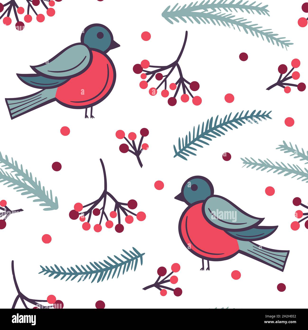 Bullfinches con bacche di rowan e rami di abete senza cuciture. Sfondo invernale con uccelli ed elementi botanici. Modello per carta da parati, packagi Illustrazione Vettoriale