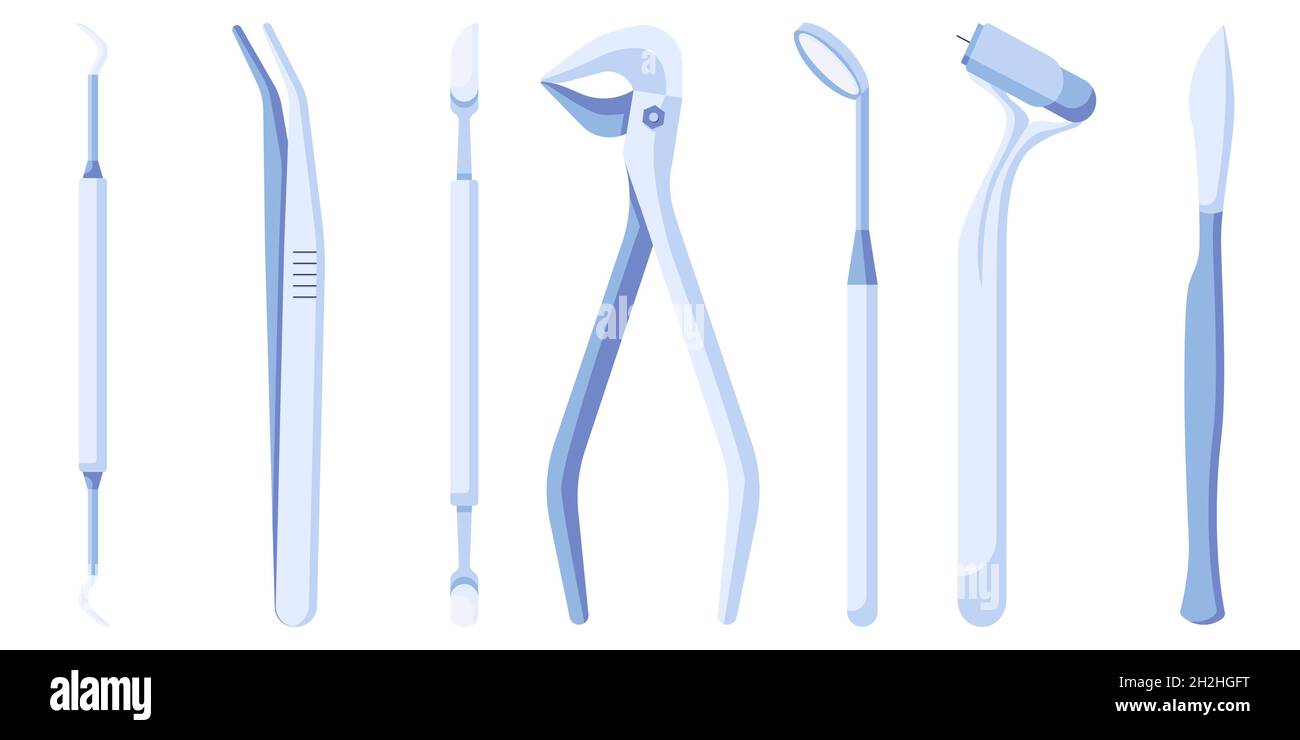 Set icone strumenti e strumenti dentali. La stomatologia fornisce un'icona vettoriale in stile piatto, isolata su sfondo bianco. Illustrazione Vettoriale