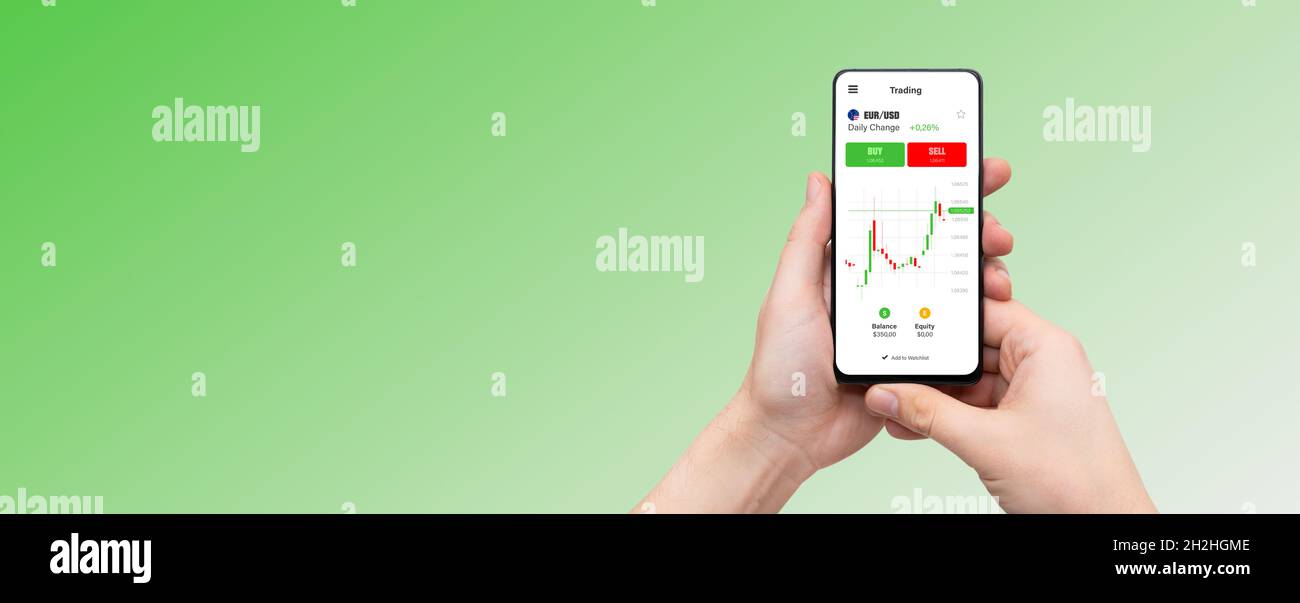 App mobile trading su smartphone. Mercato azionario, concetto di banner di investimento Foto Stock