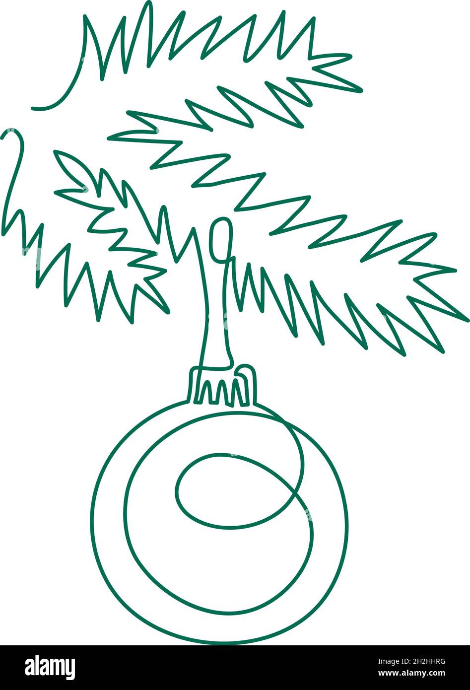 Albero di Natale ramo di pino, abete, abete rosso, con disegno a sfera in stile contorno Illustrazione Vettoriale