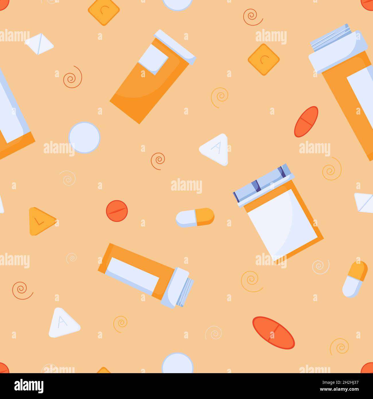 Modello senza cuciture di pillole e contenitori arancioni. Pillole e farmaci, capsule prescritte da un medico in stile piatto. Illustrazione Vettoriale