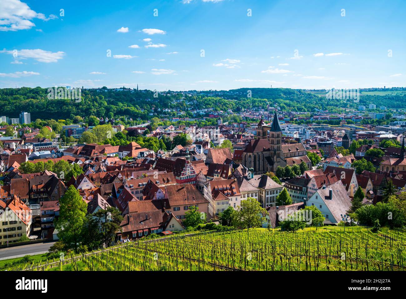 Germania, Esslingen am Neckar città vecchia case e st dionys torre della chiesa, il famoso skyline della città medievale Foto Stock