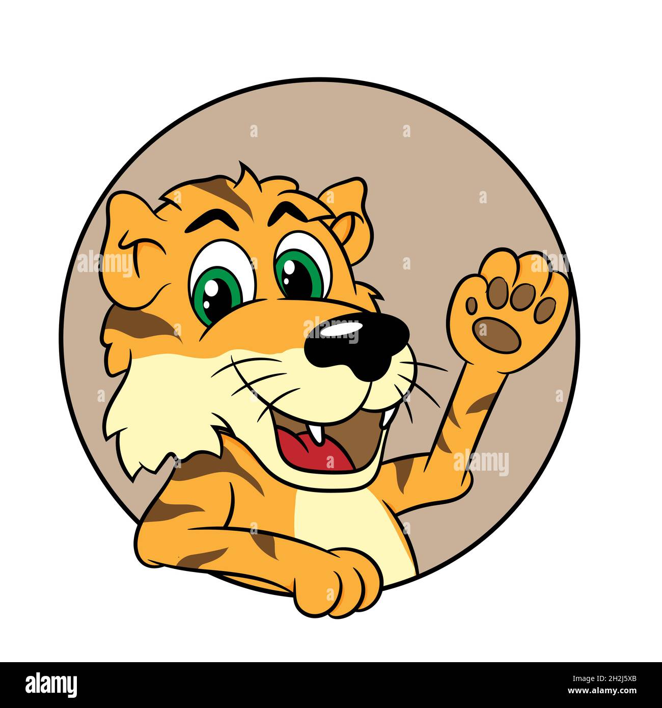 La tigre carina si affaccia su un'apertura circolare e sorride, ideale come mascotte o come badge o adesivo, illustrazione vettoriale Illustrazione Vettoriale