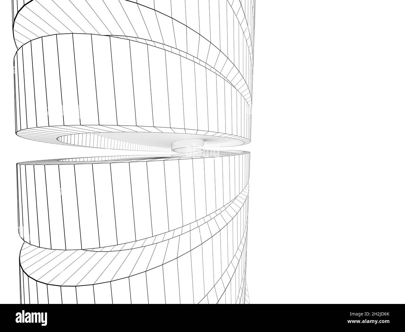 Modello di torre a spirale con struttura a filo su sfondo bianco, illustrazione del rendering 3d Foto Stock
