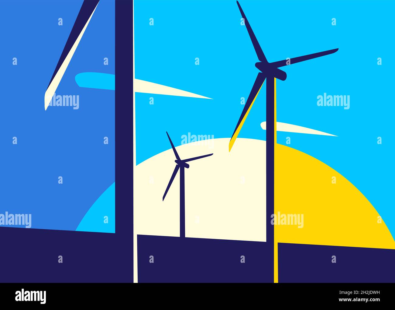 Banner con centrali eoliche. Design di cartellonistica in stile astratto. Illustrazione Vettoriale