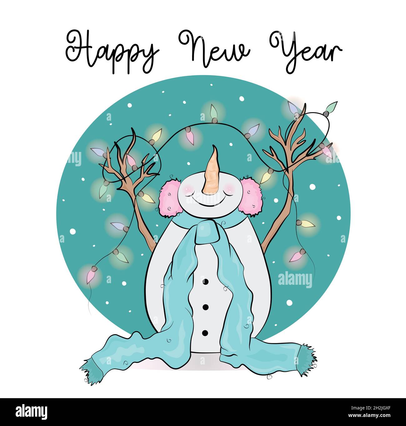 Illustrazione di carino pupazzo di neve felice con luci di Natale isolato su sfondo bianco Foto Stock