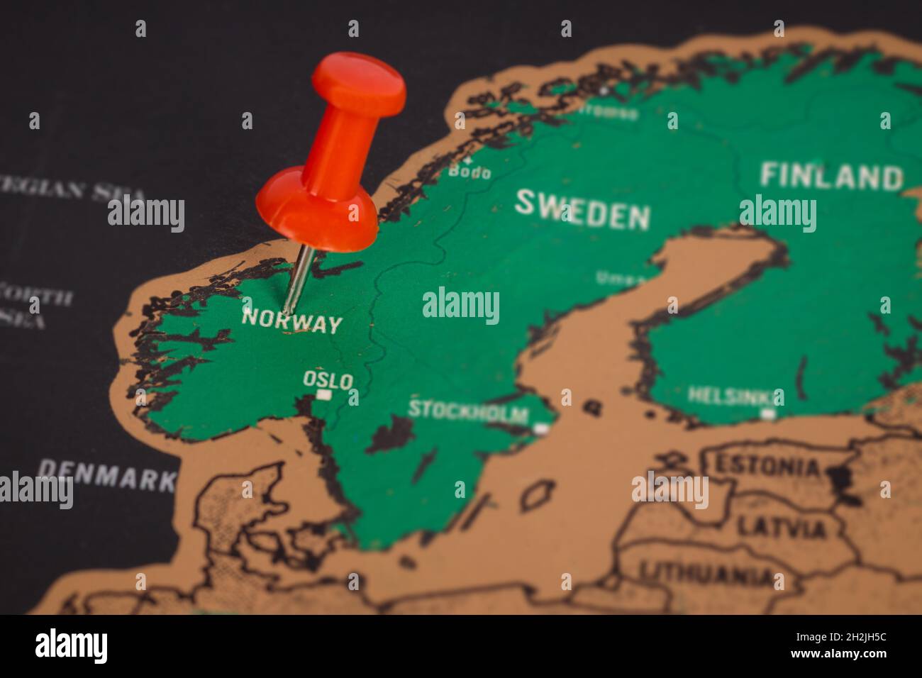 Luogo NORVEGIA. Pin rosso sulla mappa. Foto Stock