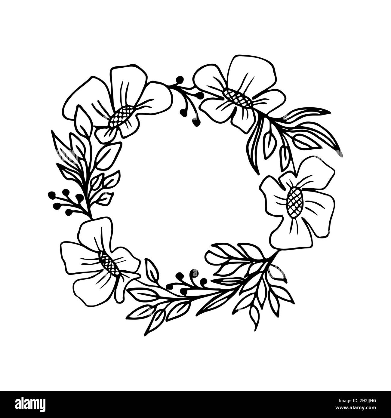 Stile lineare a corona floreale. Isolato su illustrazione vettoriale bianca. Cornice disegnata a mano con fiori, foglie e bacche Illustrazione Vettoriale Stile lineare a corona floreale. Isolato su illustrazione vettoriale bianca. Cornice disegnata a mano con fiori, foglie e bacche Illustrazione Vettoriale