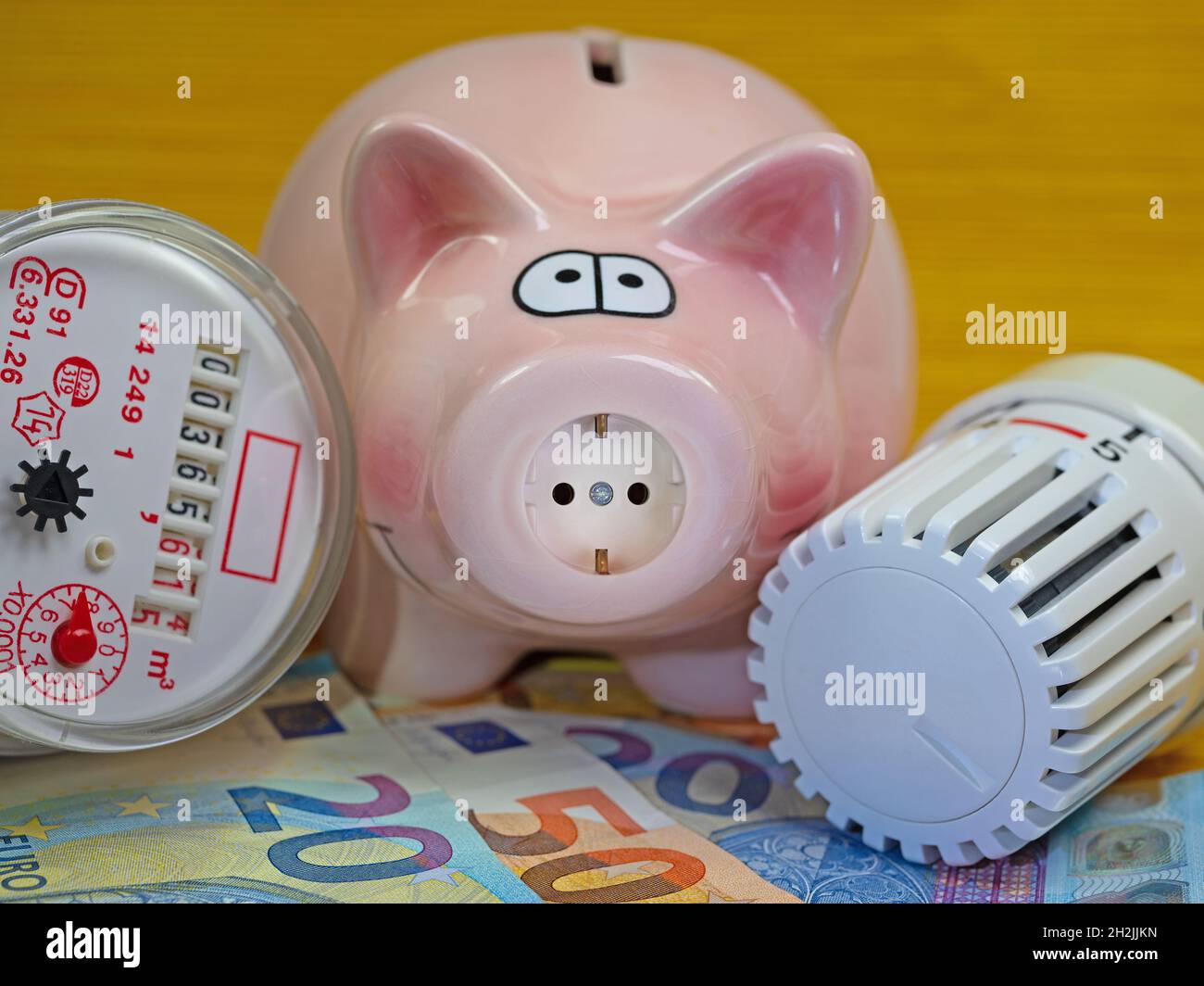 Piggy bank con presa, termostato e contatore dell'acqua Foto Stock