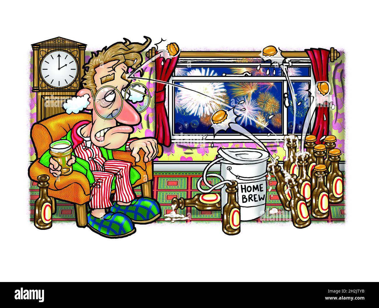 Illustrazione di arte del cartone animato dell'uomo con la lana di cotone nelle sue orecchie incapace di dormire a causa di notte del fuoco del Bonfire, Fawkes del Guy, rumore dei fuochi d'artificio, PTSD, sforzo, ansia. Foto Stock