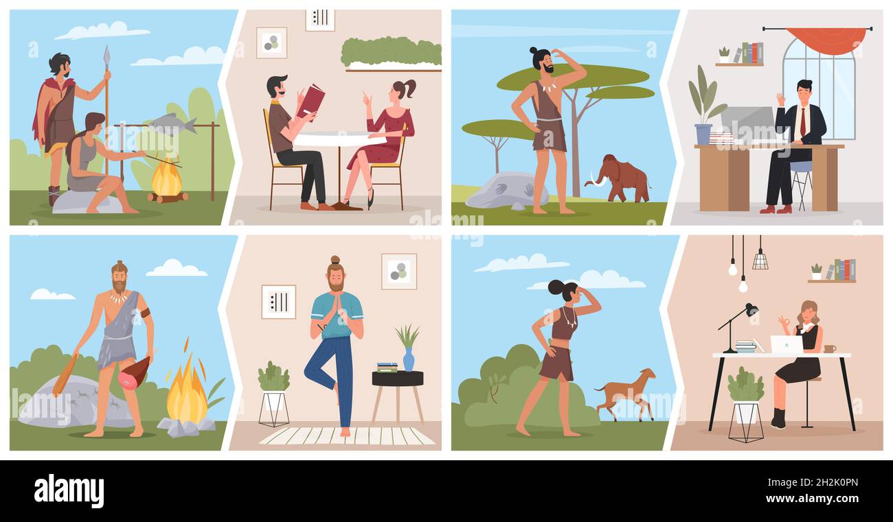 Illustrazione vettoriale del set di confronto dell'età preistorica e dell'evoluzione delle persone moderne. Cartoon primitivo caveman personaggio cucinare cibo sul fuoco e la caccia, uomo d'affari che lavora in ufficio, uomo che fa yoga Illustrazione Vettoriale