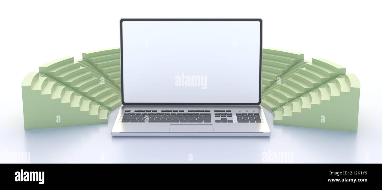 Biglietti online per eventi sportivi e culturali all'aperto allo stadio, computer portatile con schermo vuoto e antico anfiteatro isolato sul backgro bianco Foto Stock