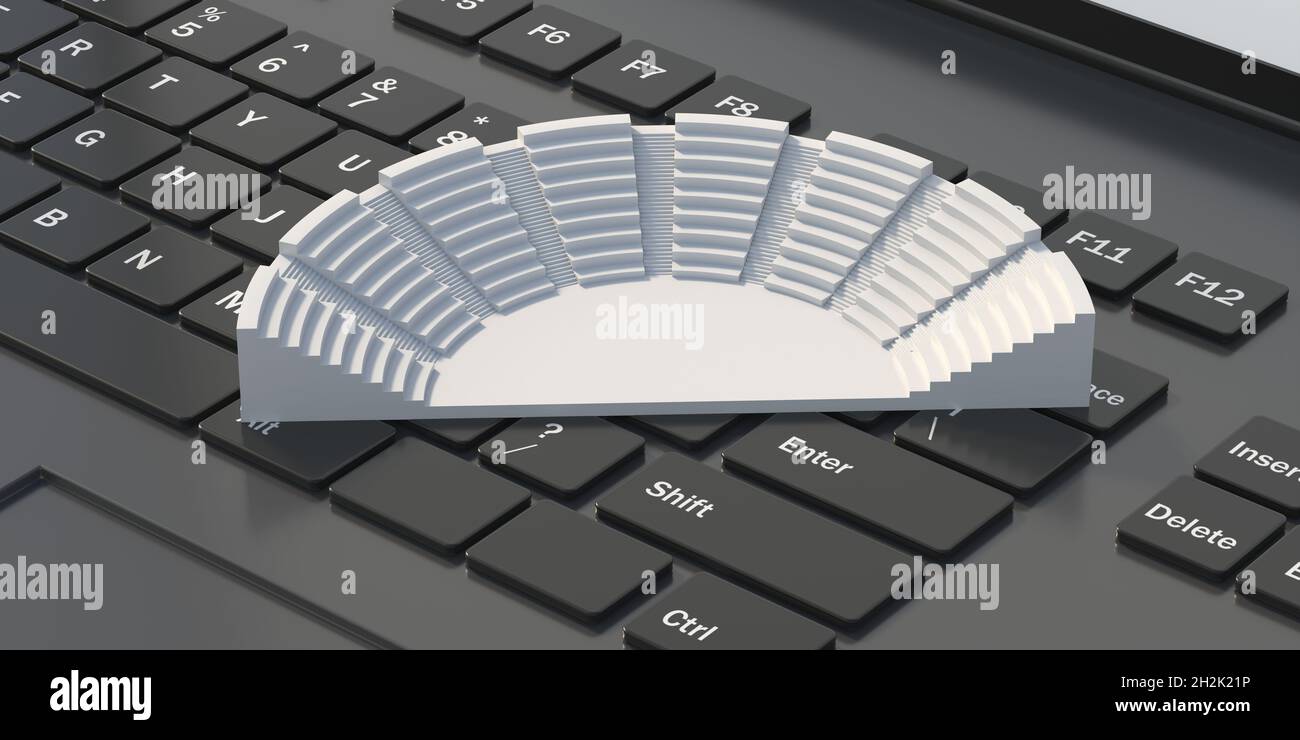 Biglietti online per spettacoli teatrali ed eventi sportivi, Ancient anfiteatro bianco su sfondo grigio nero tastiera computer. 3d illust Foto Stock