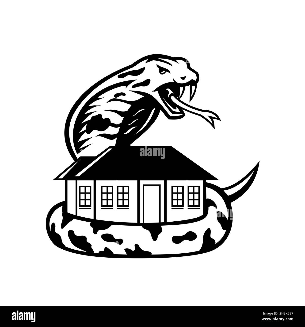 Re Cobra o Ophiophagus Hannah Venomous Snake Guarding una Casa pronta ad attaccare Mascot Bianco Nero Foto Stock