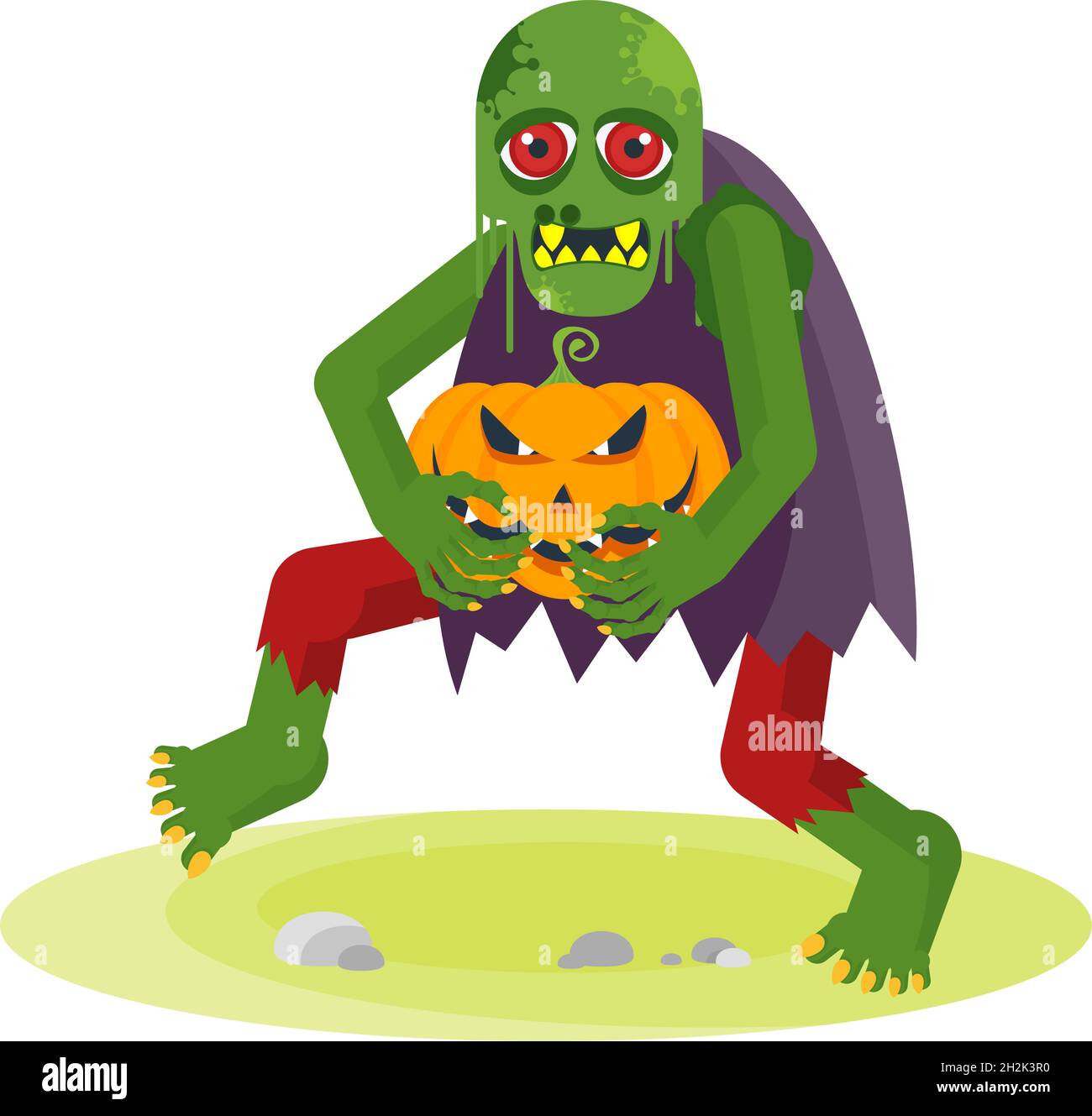 Zombie verde con occhi rossi tenere la zucca. Illustrazione Vettoriale