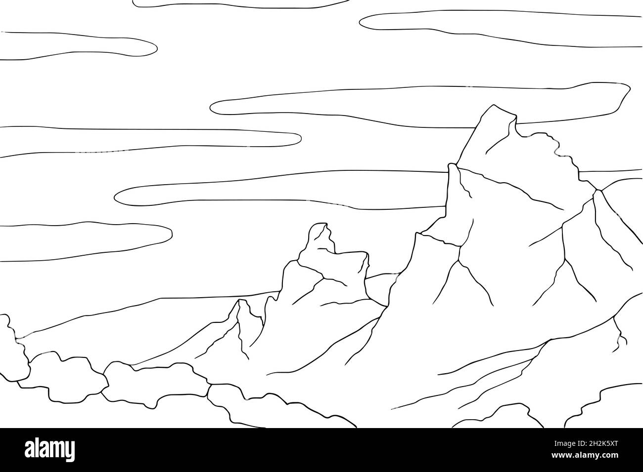 Dodle alieno fantasy paesaggio con crateri grandi colorare pagina per adulti. Fantastica grafica psichedelica. Vettore disegno a mano semplice piatto illustre Illustrazione Vettoriale