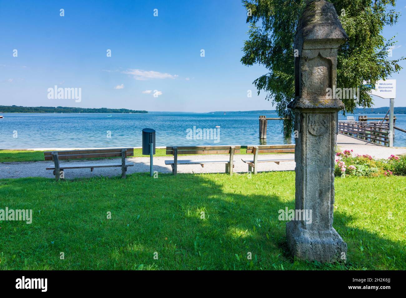 Seeshaupt: Colonna di diritto marittimo sul molo di Starnberger See (Lago Starnberg) in alta Baviera, Baviera, Baviera, Germania Foto Stock
