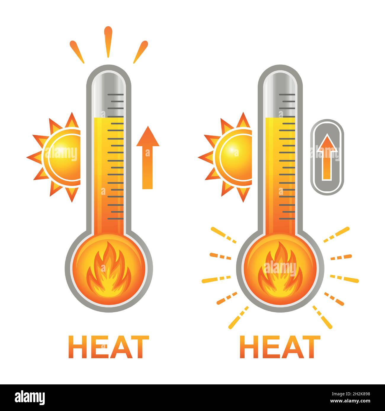 Termometro caldo con fiamma, temperatura elevata, icona di surriscaldamento estremo. Lampadina al mercurio in vetro con sole. Clima estivo caldo. Indicatore di temperatura. Vettore Illustrazione Vettoriale