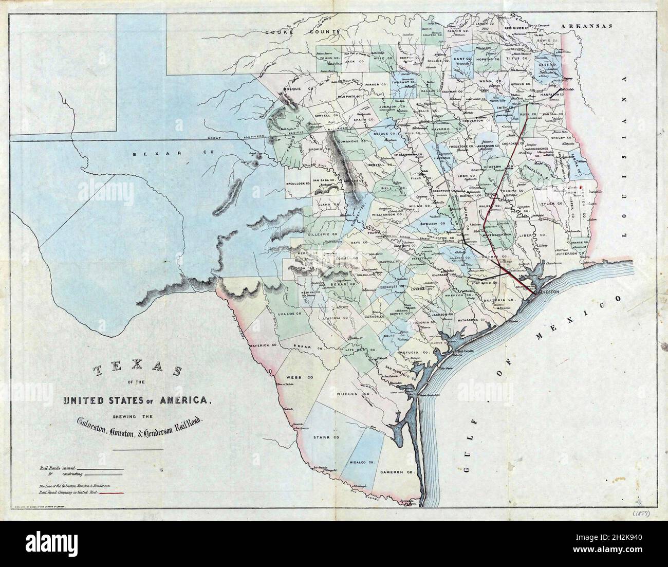 Mappa del Texas degli Stati Uniti d'America. / Galveston, Houston, & Henderson Railroad / 1857 Foto Stock