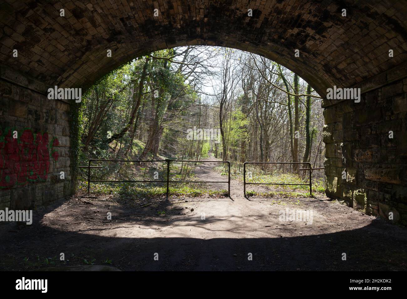 Passerella attraverso la disutilizzata ferrovia di ramo di Rishworth, Ripponden, West Yorkshire Foto Stock