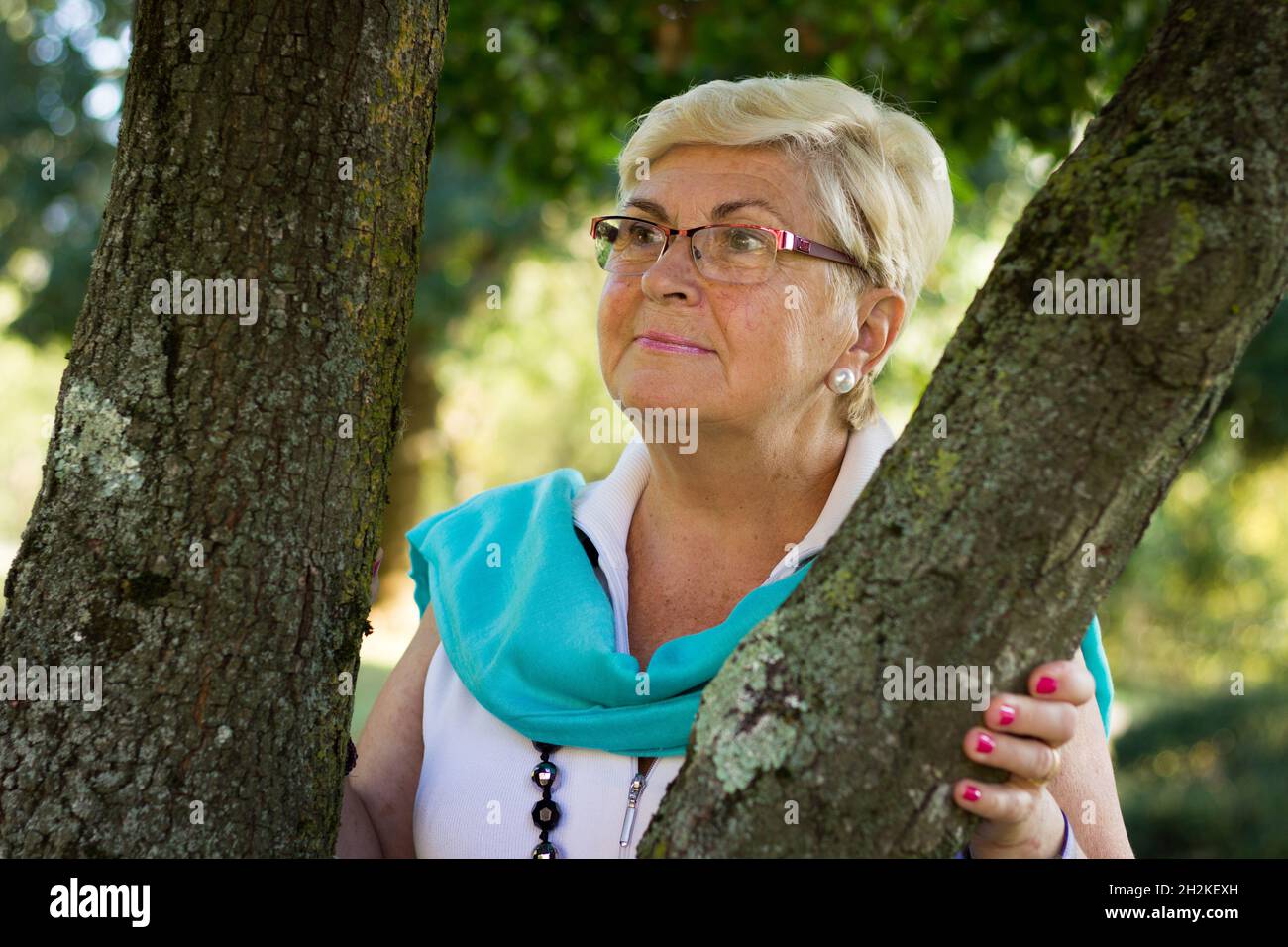Donna anziana bionda con occhiali pone tra tronchi d'albero nel parco. Ritratto della signora anziana sorridente nella natura. Pensionato che indossa scialle verdi Foto Stock