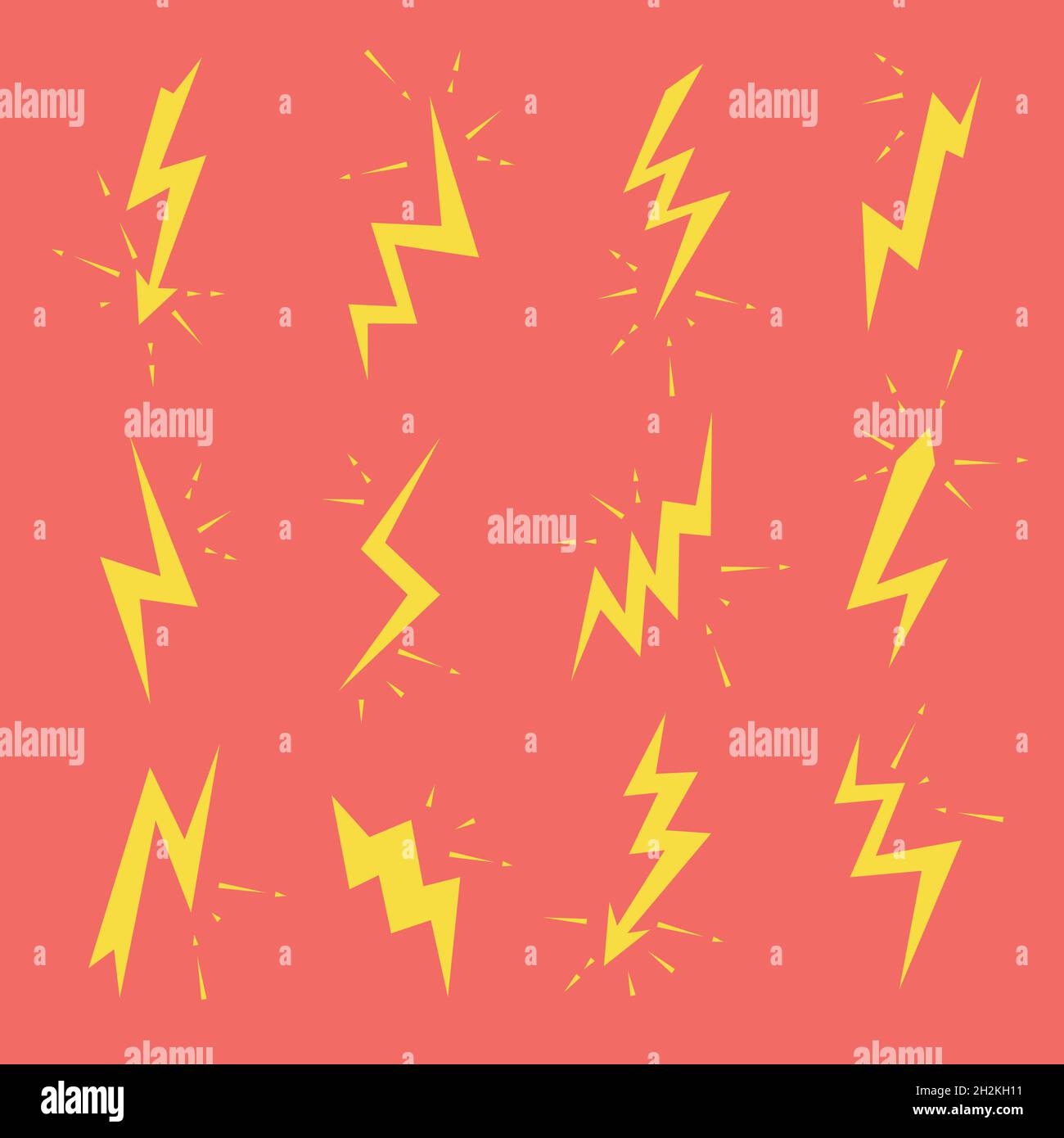Set di icone fulmini. Bulloni inferiori, tensione, elettricità, lampeggio e segnali di alimentazione Illustrazione Vettoriale