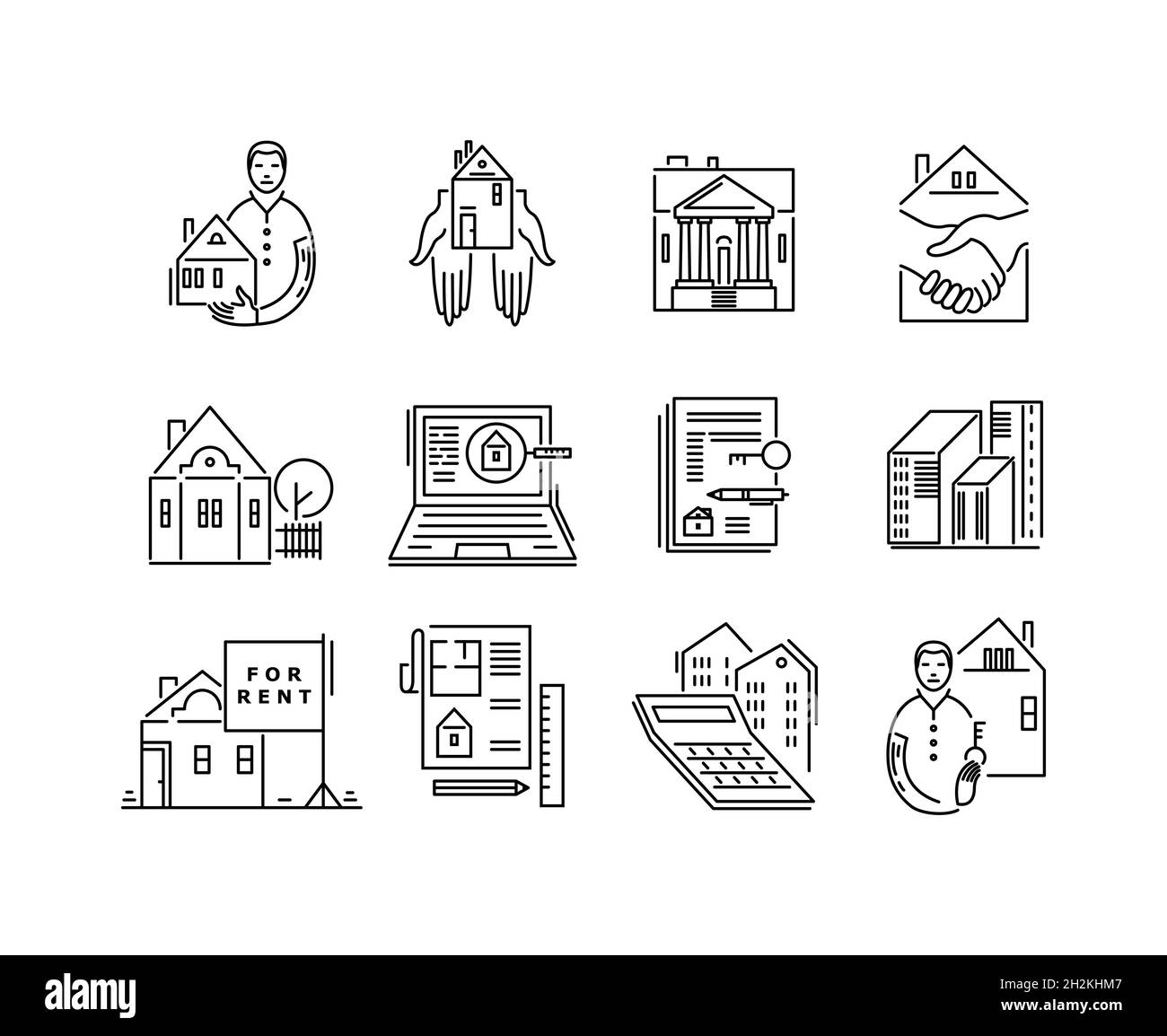Linea icone vendita immobili e affitti insegne. Illustrazione Vettoriale