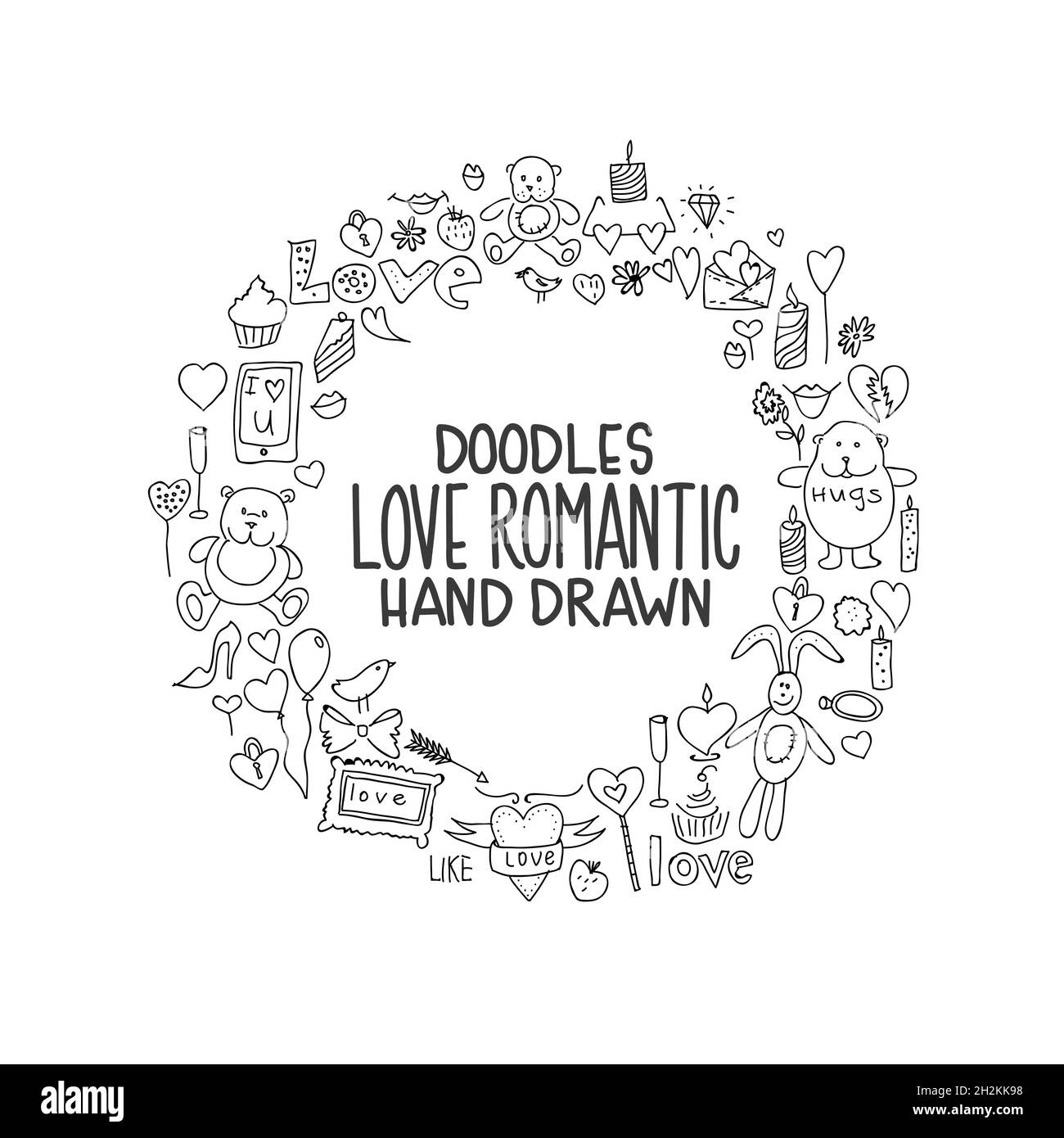 Illustrazione vettoriale di icone di doodle di amore disegnate a mano Illustrazione Vettoriale