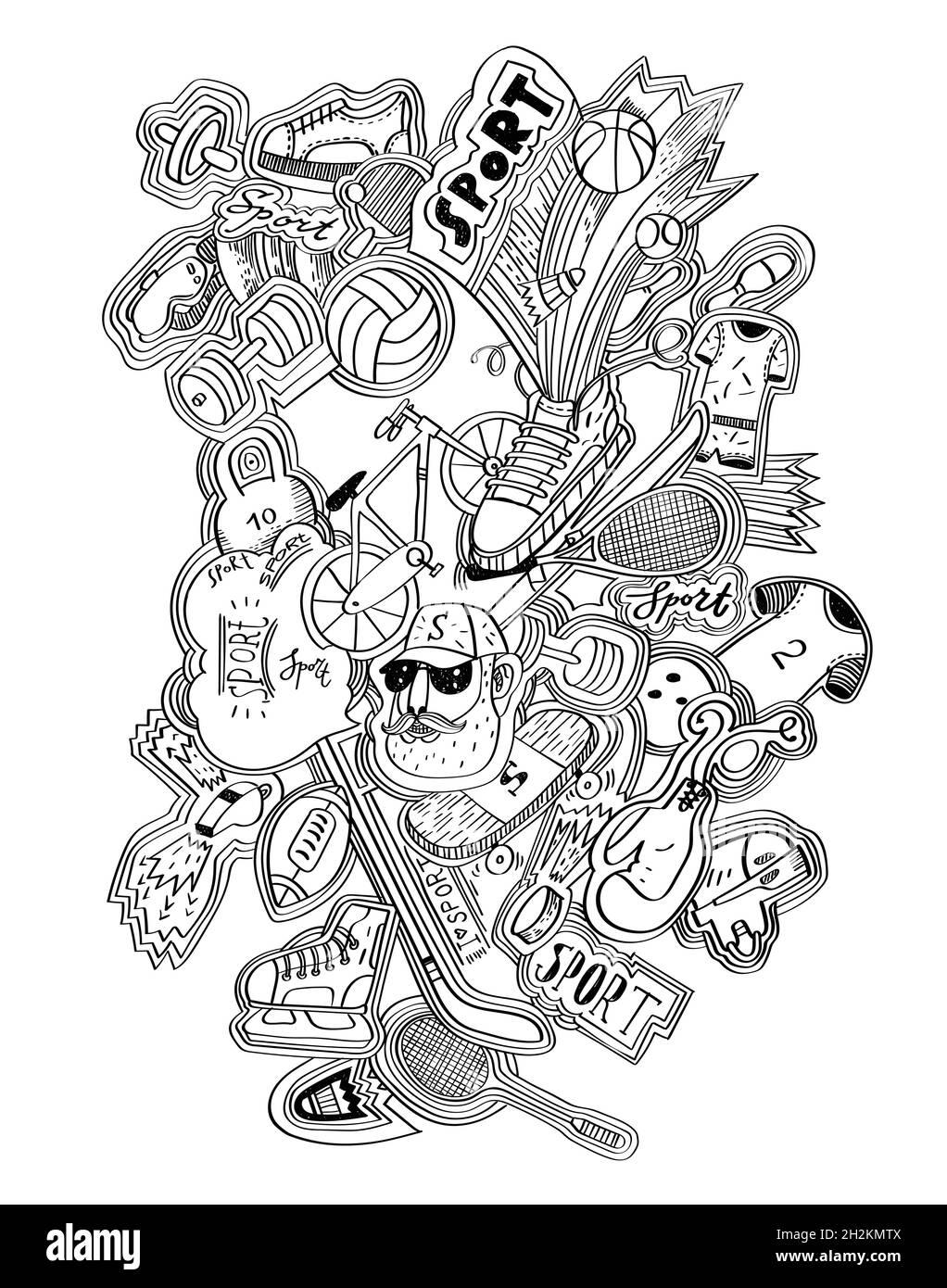 Concetto di sport del doodles disegnato a mano. Attrezzature sportive Illustrazione Vettoriale