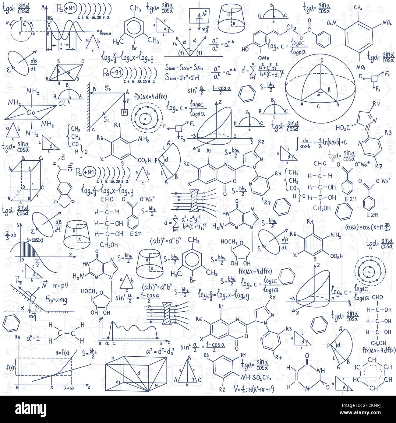 Formule di chimica disegnate a mano formazione di conoscenza di scienza. Illustrazione Vettoriale