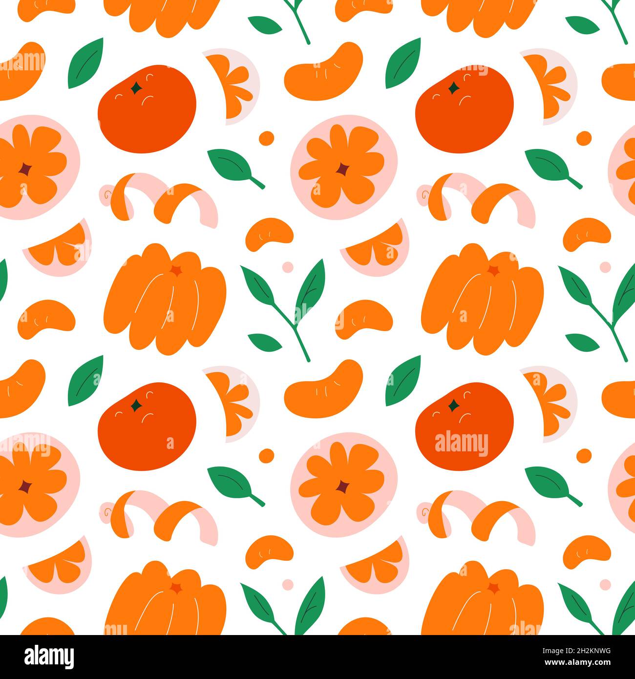 Modello di frutta di mandarino, interi e fettine, mandarino o clemetina sbucciati e non sbucciati, disegno vettoriale senza giunture, illustrazioni a forma di barbatella disegnate a mano, Illustrazione Vettoriale