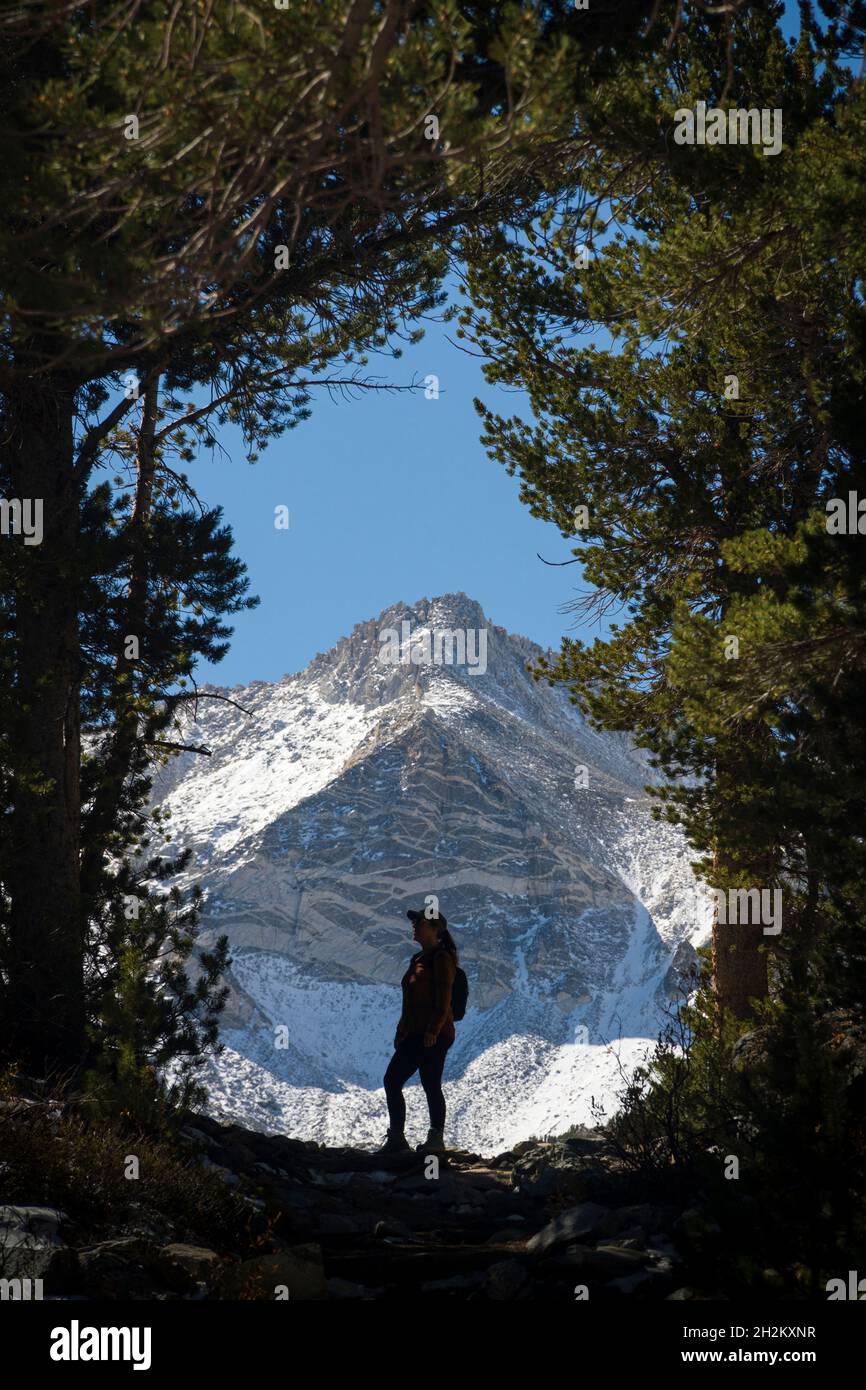 Rock Creek Trail guardando un escursionista guardando una montagna senza nome tra Bear Creek spire e Mt. Data. Foto Stock