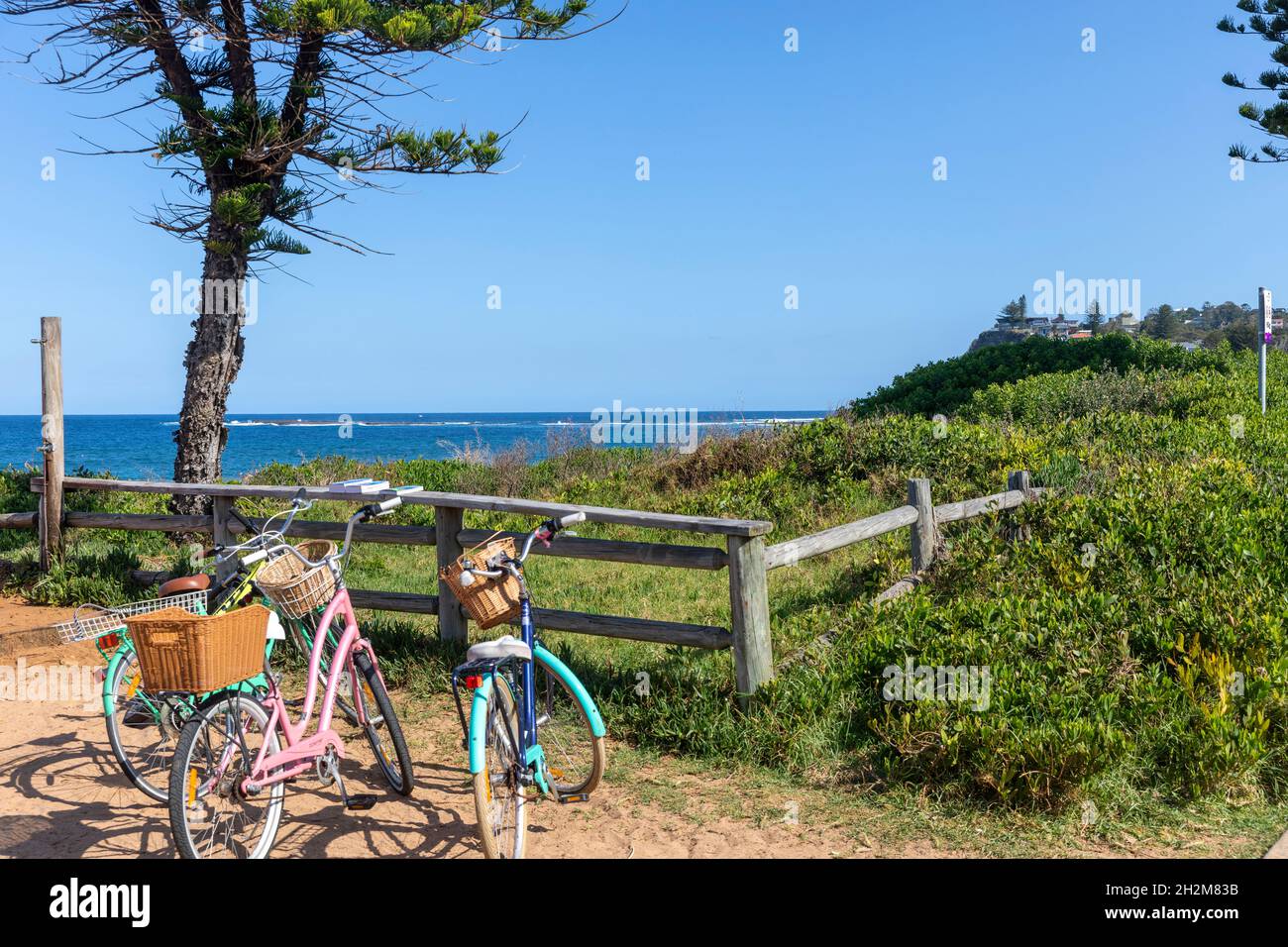 Newport Beach Sydney tre biciclette in stile Cruiser alla spiaggia mentre i proprietari sono andati per una nuotata, NSW, Australia Foto Stock