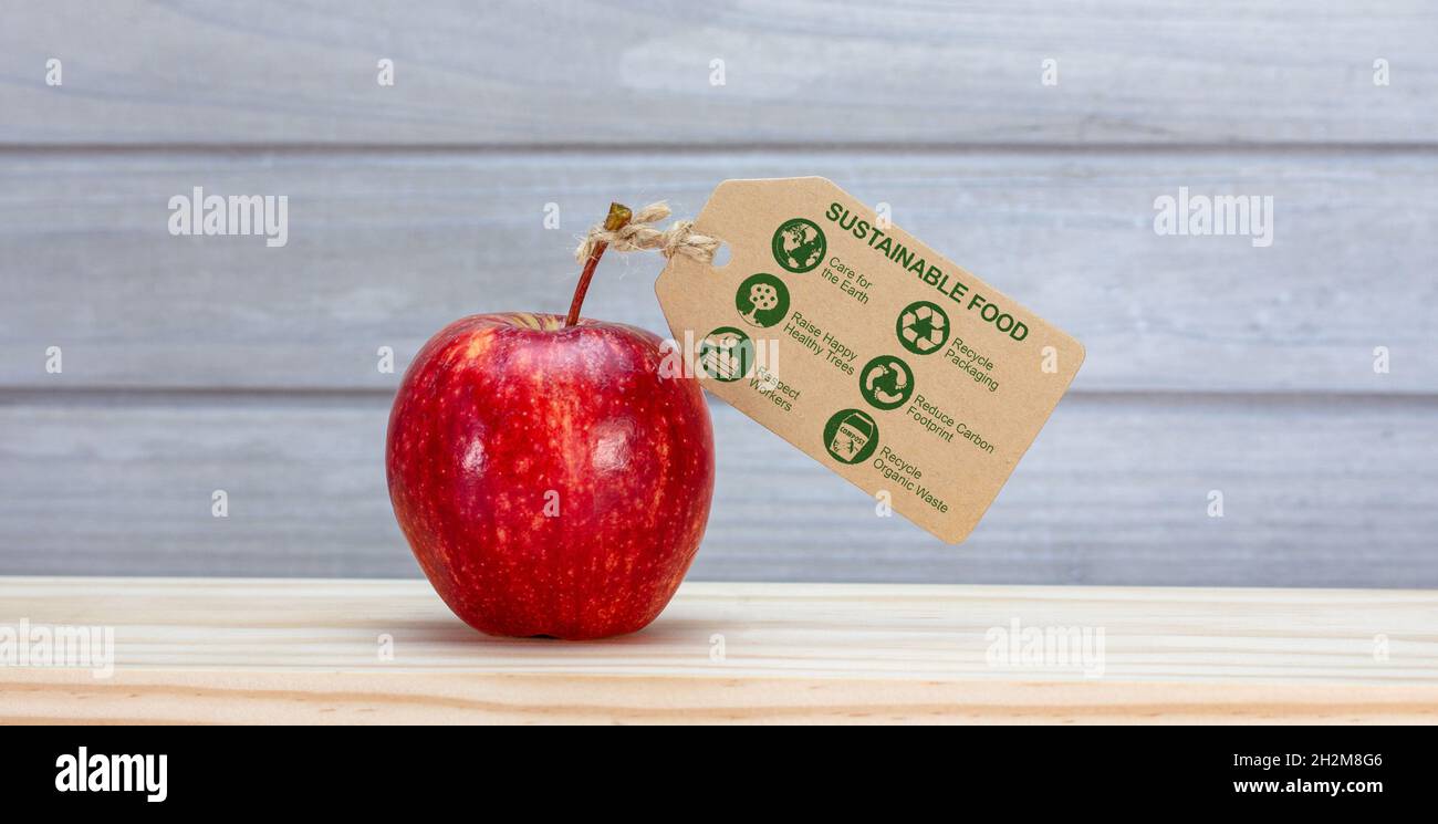 etichetta alimentare sostenibile sulla mela, cura del pianeta, rispetto, riciclaggio, riduzione degli sprechi alimentari, ecologia Foto Stock