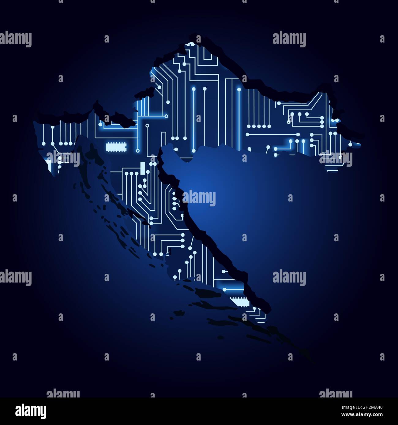 Mappa del contorno della Croazia con un circuito elettronico tecnologico. Illustrazione Vettoriale