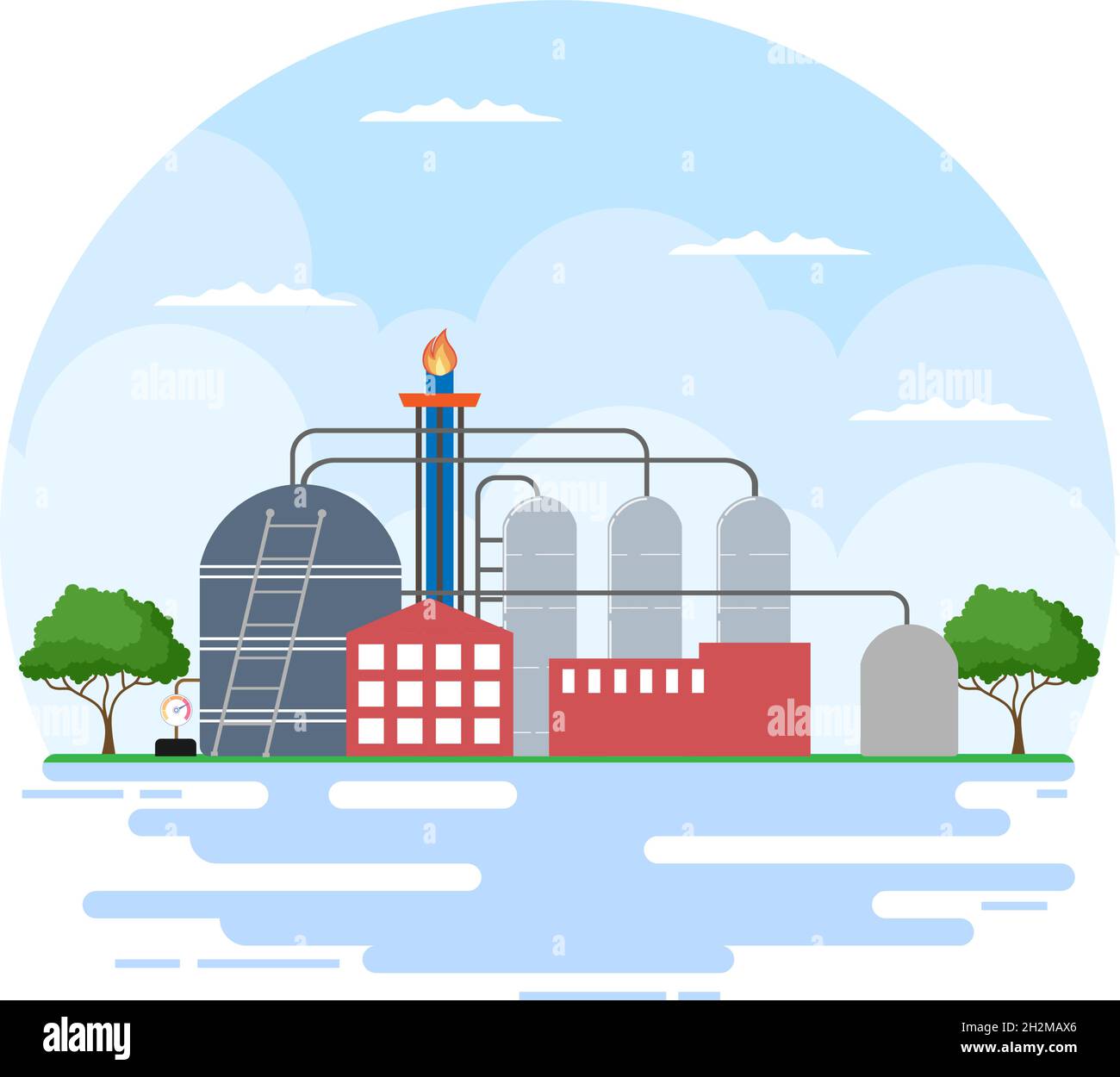 Illustrazione vettoriale dell'industria del gas petrolifero. Estrazione del greggio, impianto di raffineria, perforazione, stazione di gas, tubo di utilizzo del serbatoio e consegna del carburante tramite trasporto su camion Illustrazione Vettoriale